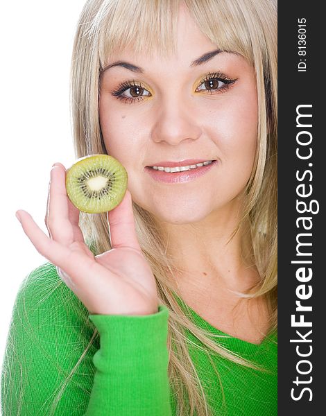 Attractive blonde woman with kiwi on white background. Attractive blonde woman with kiwi on white background
