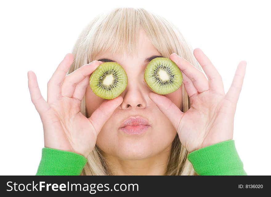 Attractive blonde woman with kiwi on white background. Attractive blonde woman with kiwi on white background