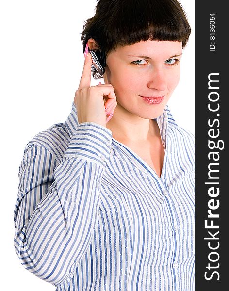 The girl listening a call on Bluetooth set