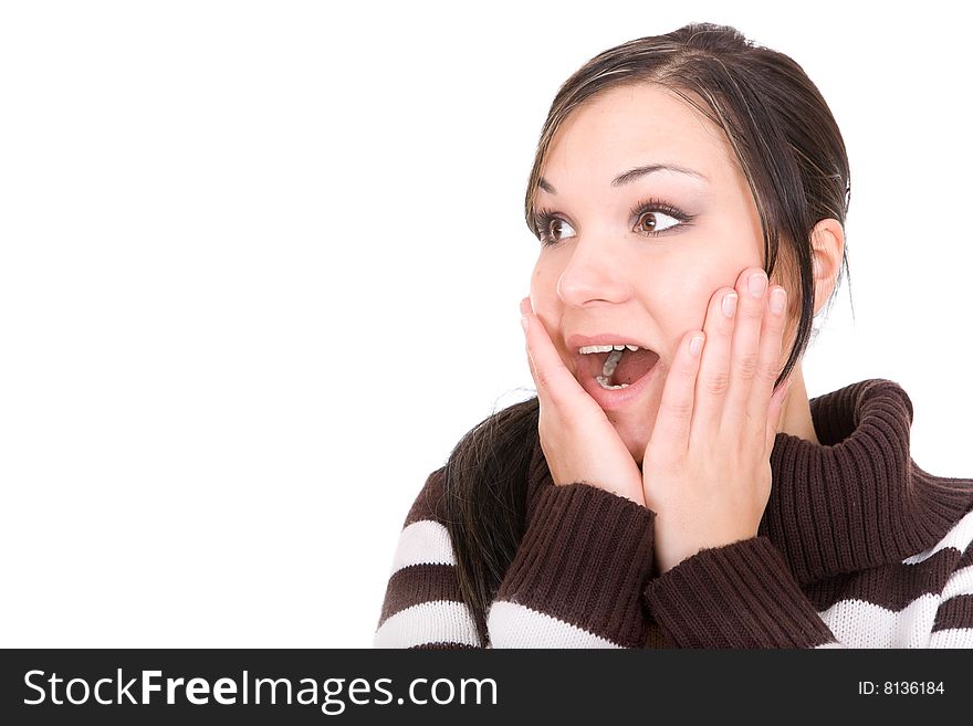 Attractive brunette woman shocked on white background. Attractive brunette woman shocked on white background