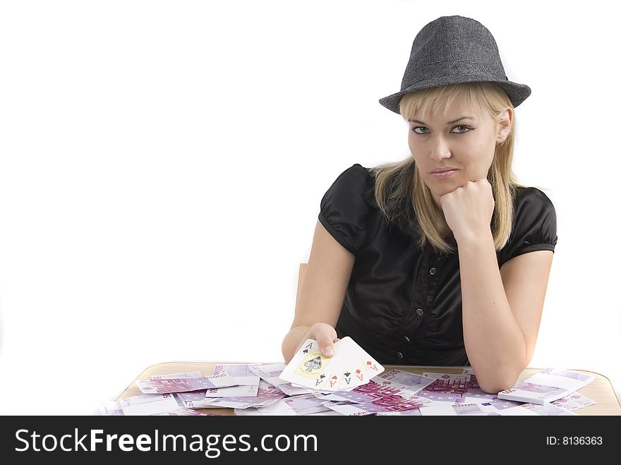 Woman playing poker with a lot of money