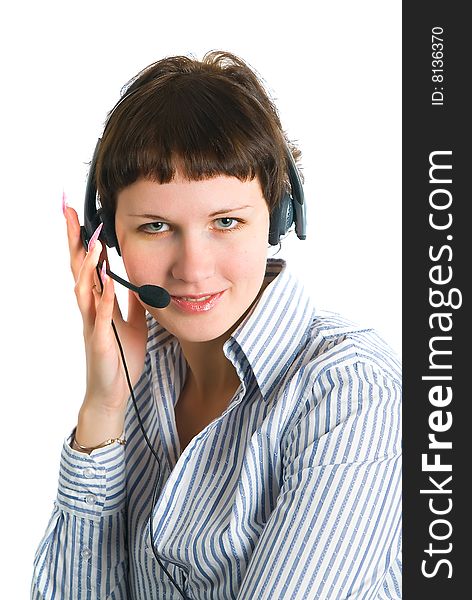 The employee of the call center on a white background