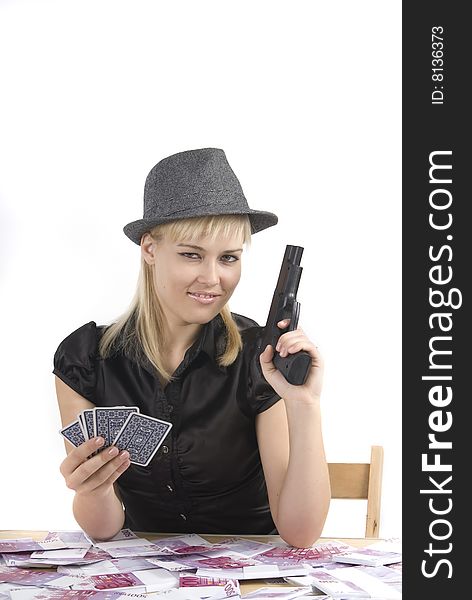 Woman Playing Poker With A Lot Of Money And A Gun