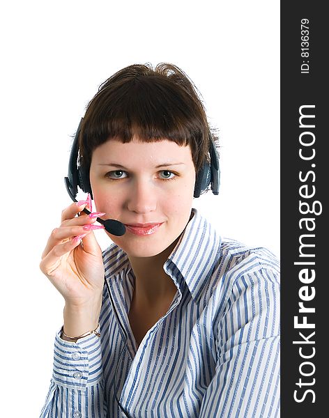 The employee of the call center on a white background