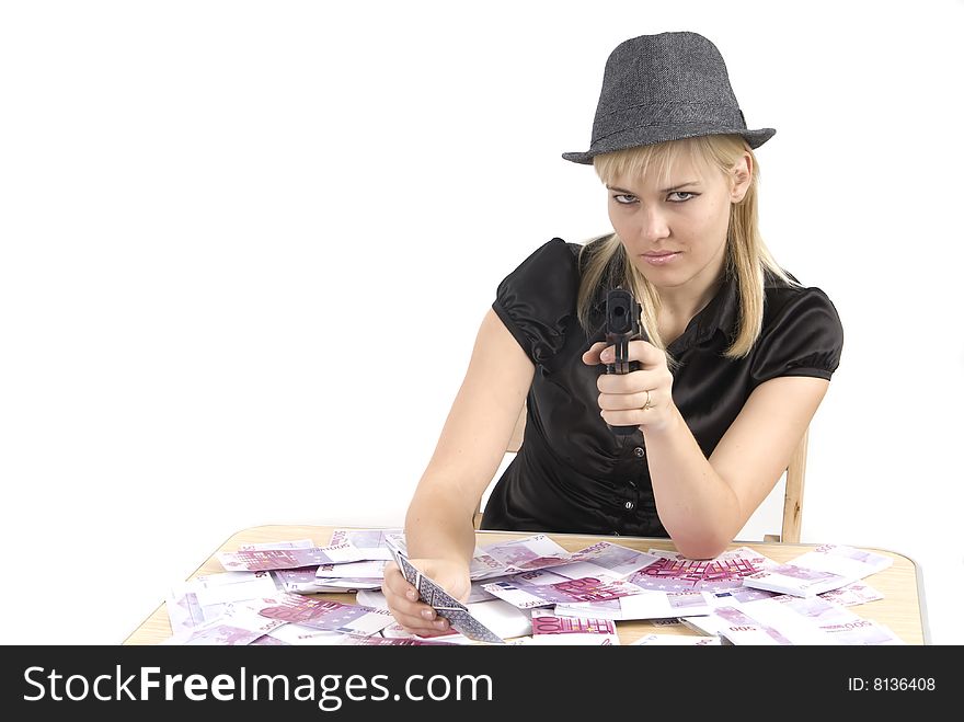 Woman playing poker with a lot of money