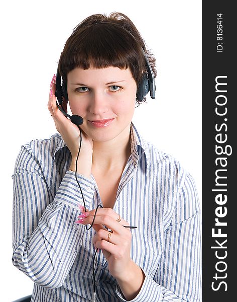 The employee of the call center on a white background