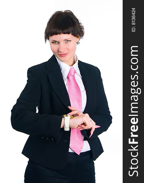 The girl in a business suit on a white background