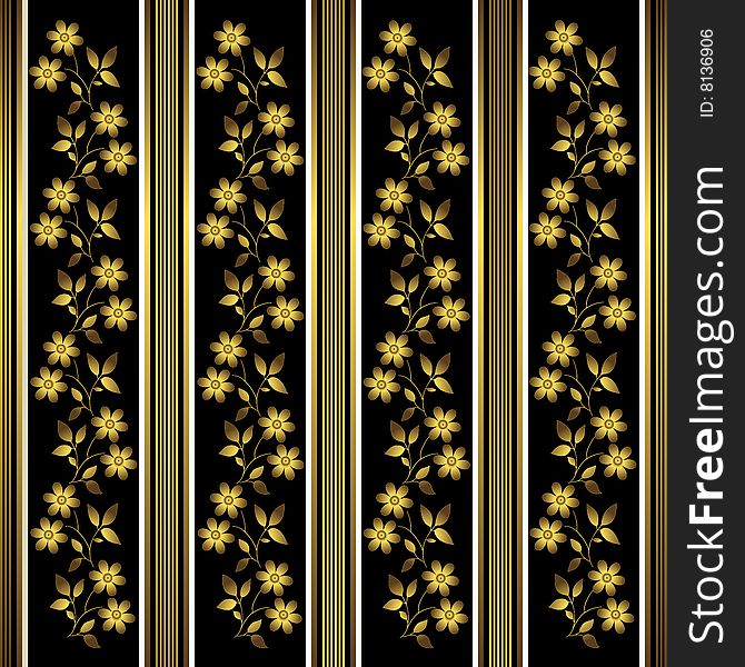 Black and gold floral pattern on striped background. Black and gold floral pattern on striped background.