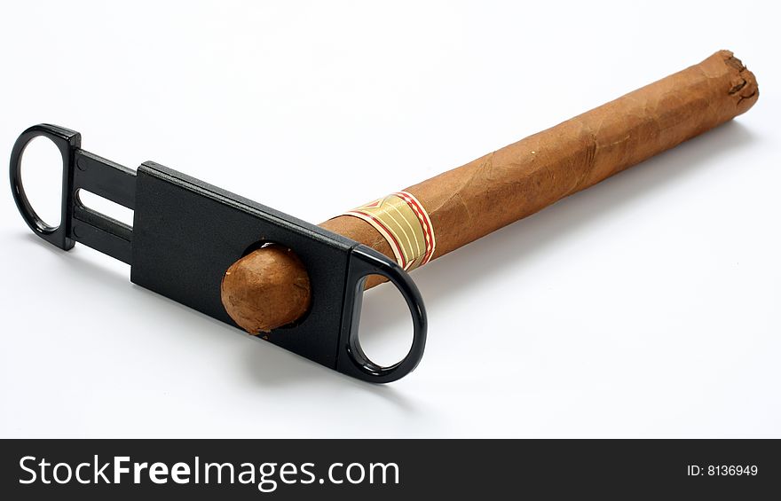 Cigar on white background with cutting tool