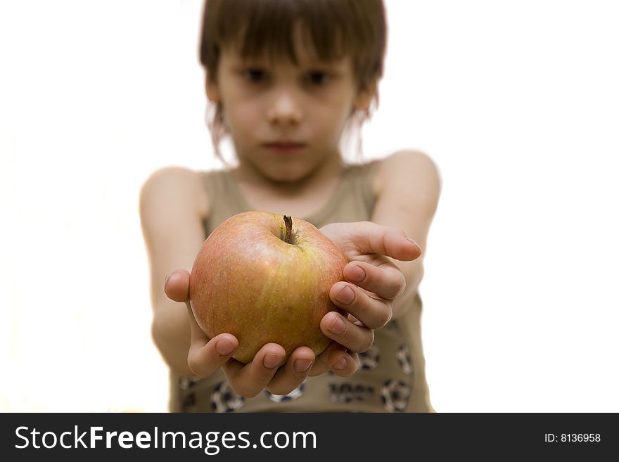 Young boy hold red apple in his hand. Young boy hold red apple in his hand