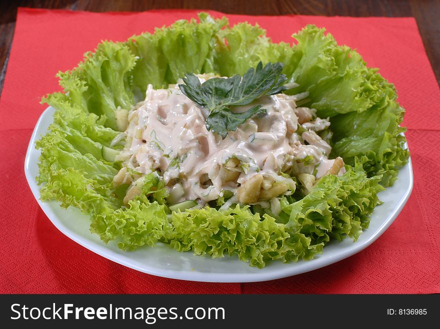 A plate of tasty juicy salad served with sause and decortaed with lettuce. A plate of tasty juicy salad served with sause and decortaed with lettuce