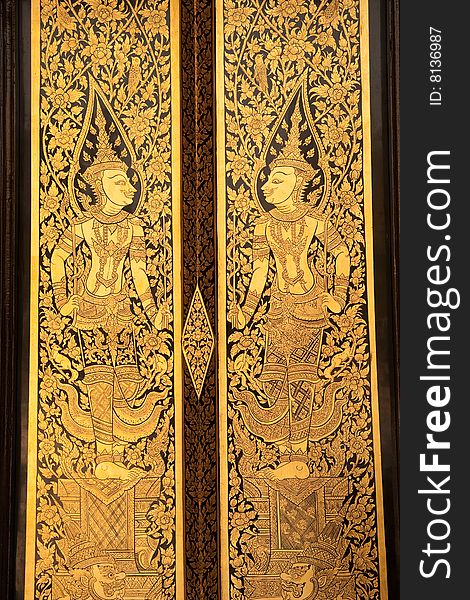 Details Of Thai Traditional Style Door Painting.