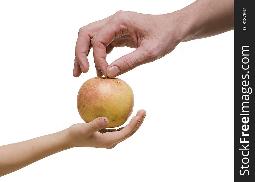 Giving and receiving hands and red apple. Giving and receiving hands and red apple