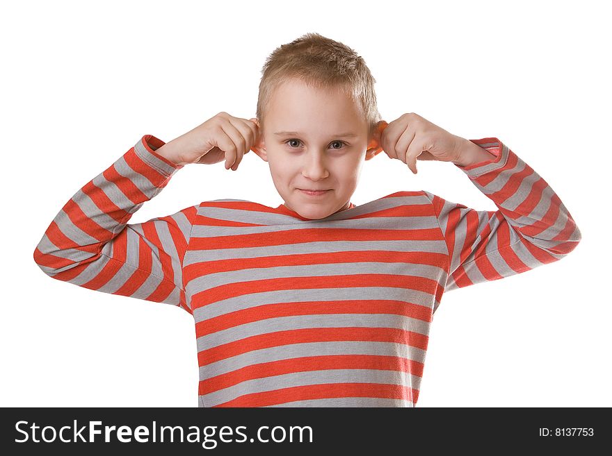 Boy is pulling his ears isolated on a white background. Boy is pulling his ears isolated on a white background