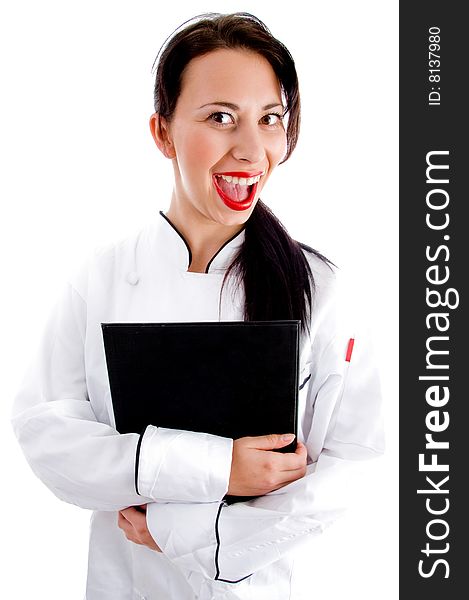 Female chef writing down the menu on an isolated white background