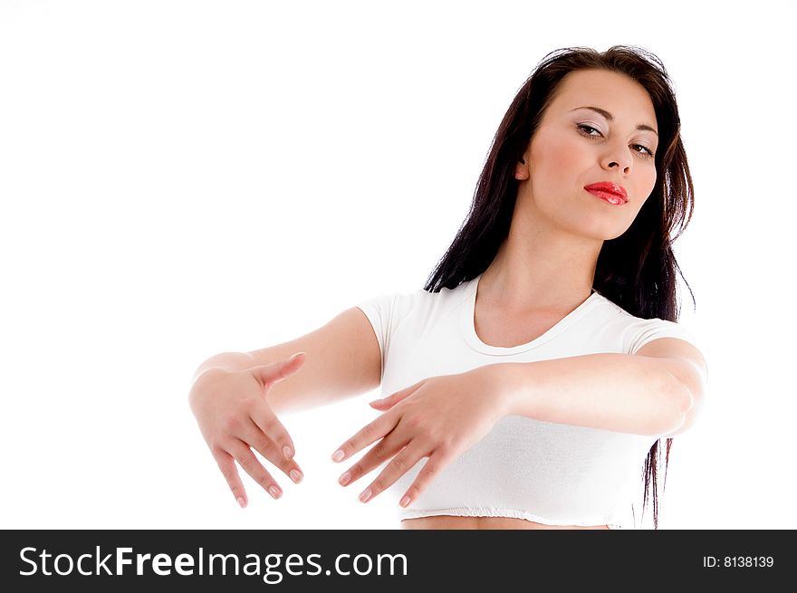 Sexy fashionable woman in mini skirt on an isolated white background