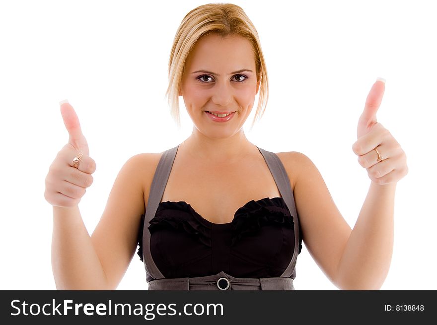 Female showing thumbs up on an isolated background