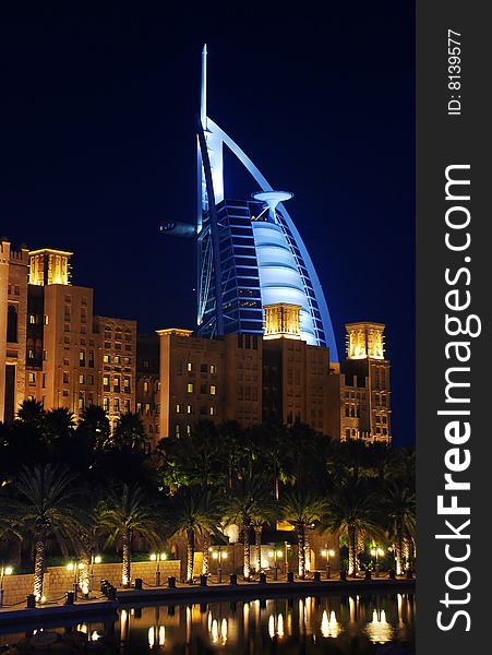 Burj Al Arab at night. Nights view from Madinat Jumeirah. Burj Al Arab at night. Nights view from Madinat Jumeirah.