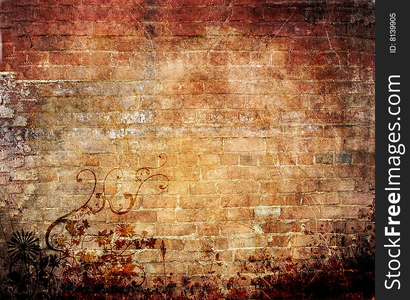 Abstract grunge background with floral, stains, cracks, filigree