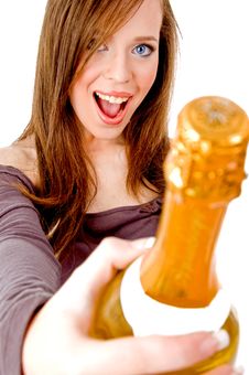 Front View Of Female Showing Champagne Bottle Royalty Free Stock Photo Front View Of Female Showing Champagne Bottle Royalty Free Stock Photo