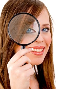 Front View Of Woman Looking Through Lens Royalty Free Stock Photos