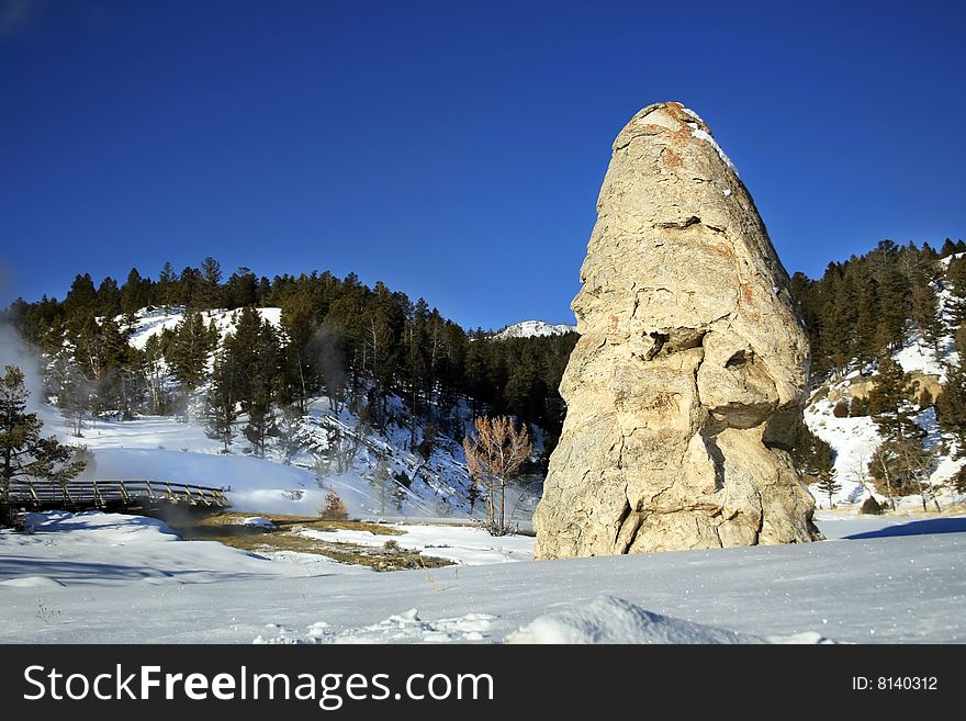Liberty Cap (a dormant hot spring cone) at Mammoth Hot Springs in Yellowstone National Park.
