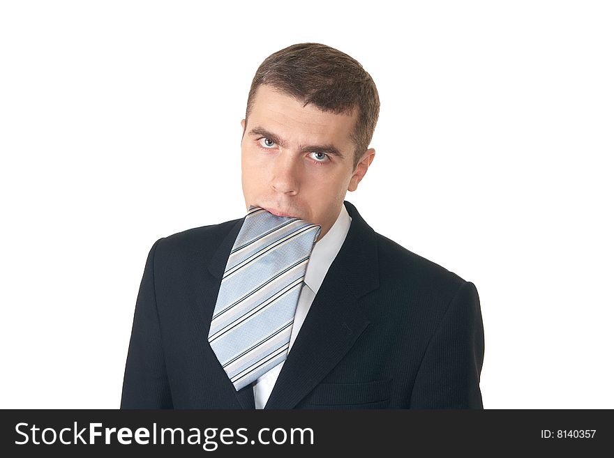 Thoughtful young man on the white background