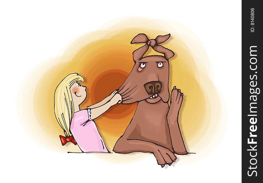 Illustration of little girl playing with patient dog. Illustration of little girl playing with patient dog