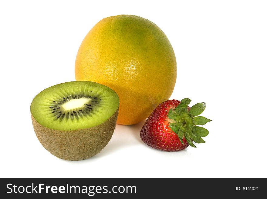 Fresh kiwi, strawberry, orange on white background. Fresh kiwi, strawberry, orange on white background