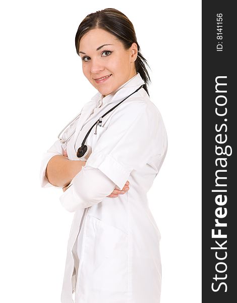 Attractive brunette doctor over white background. Attractive brunette doctor over white background