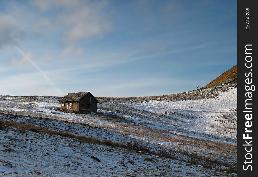 Busy in summer, a shepperd's shack is temporarily abandoned during the cold season. Busy in summer, a shepperd's shack is temporarily abandoned during the cold season