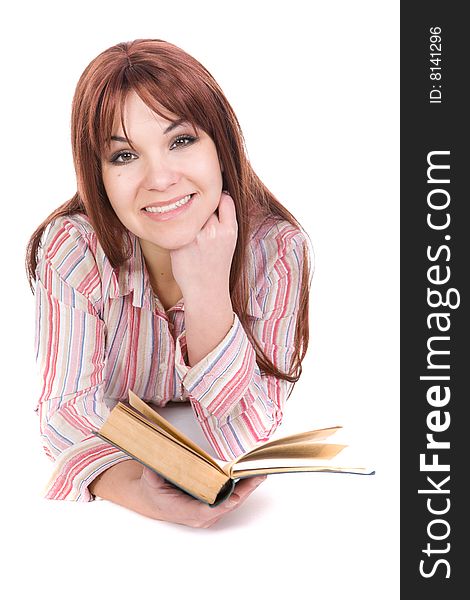 Attractive woman reading book. over white background