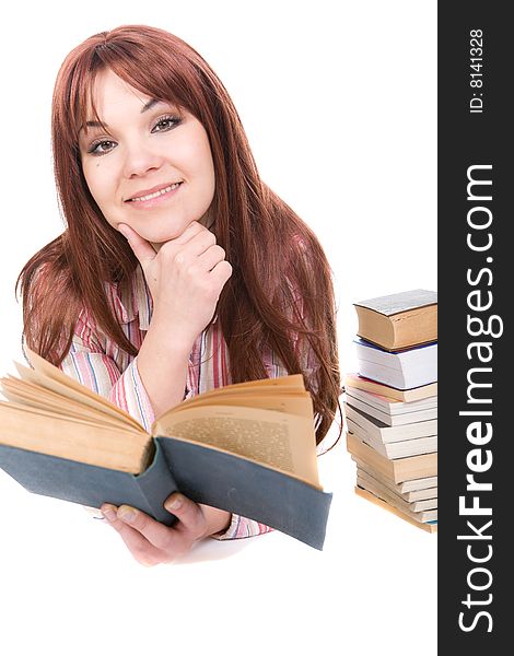 Attractive woman reading book. over white background