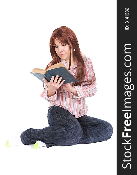 Attractive woman reading book. over white background