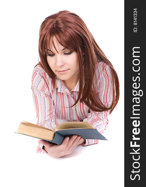 Attractive woman reading book. over white background