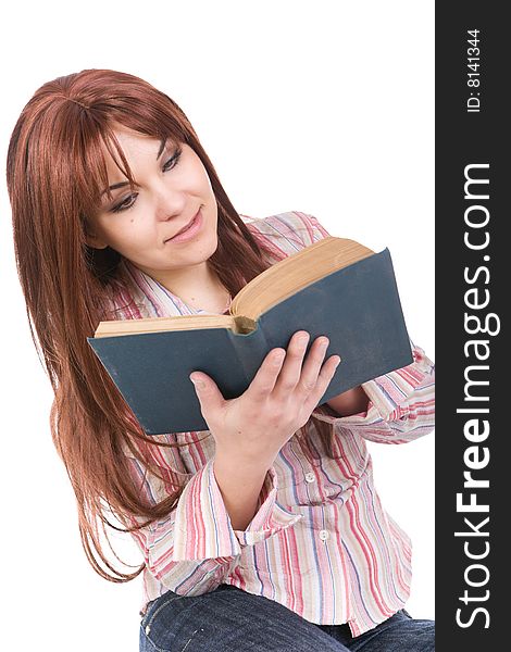 Attractive woman reading book. over white background