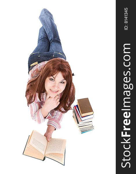 Attractive woman reading book. over white background