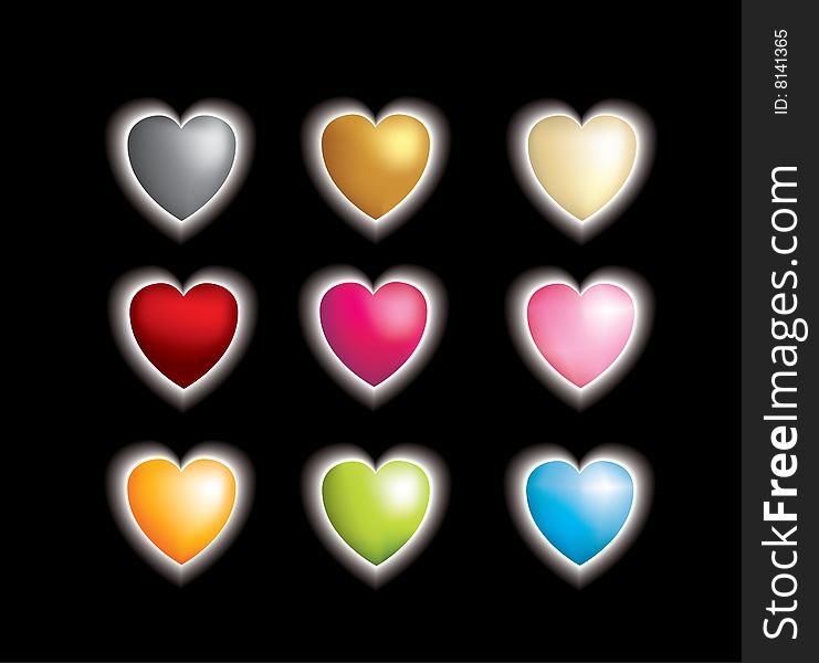 Set Of 9 3d Vector Hearts With A Glow Affect