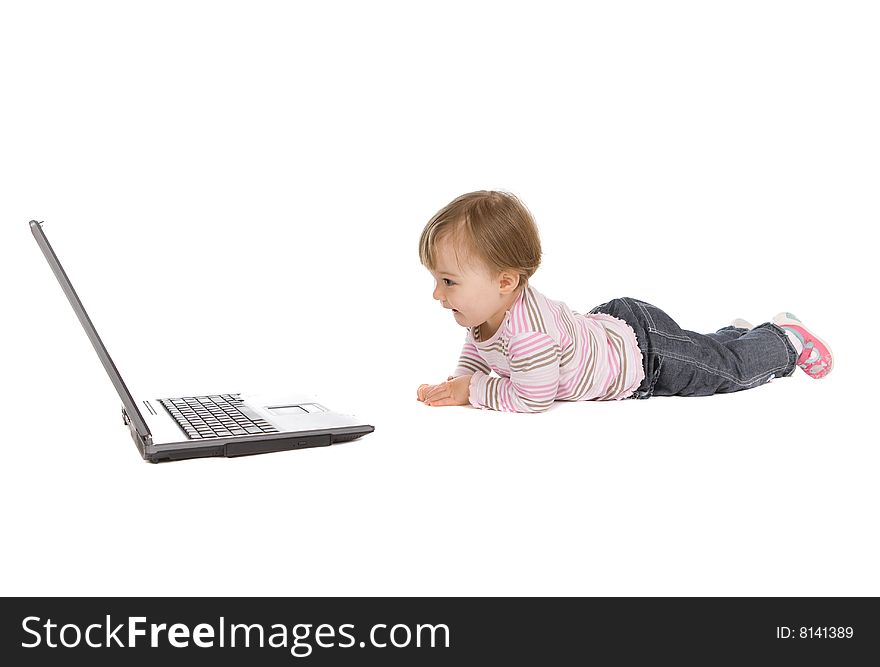 Cute baby girl with laptop on white background. Cute baby girl with laptop on white background