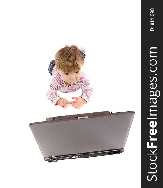 Cute baby girl with laptop on white background. Cute baby girl with laptop on white background