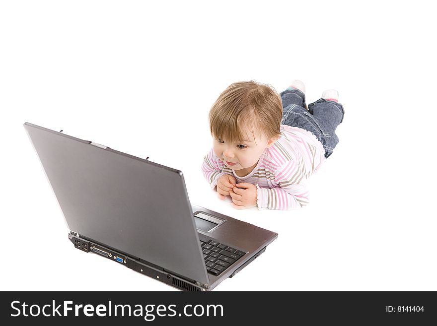 Cute baby girl with laptop on white background. Cute baby girl with laptop on white background