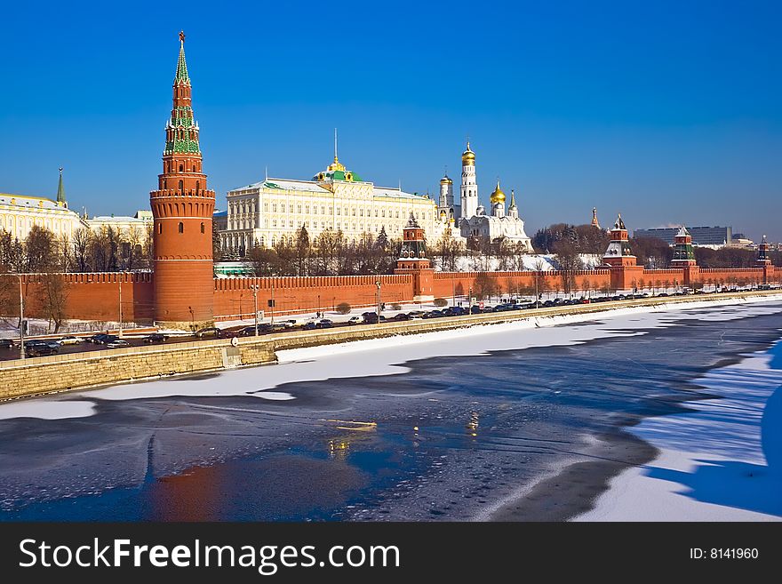 The view of Moscow Kremlin from the bridge over Moskva river. The view of Moscow Kremlin from the bridge over Moskva river
