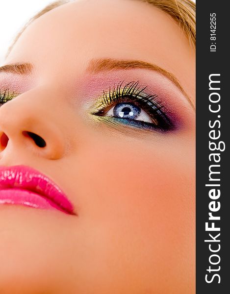 Close view of fashionable young woman with white background