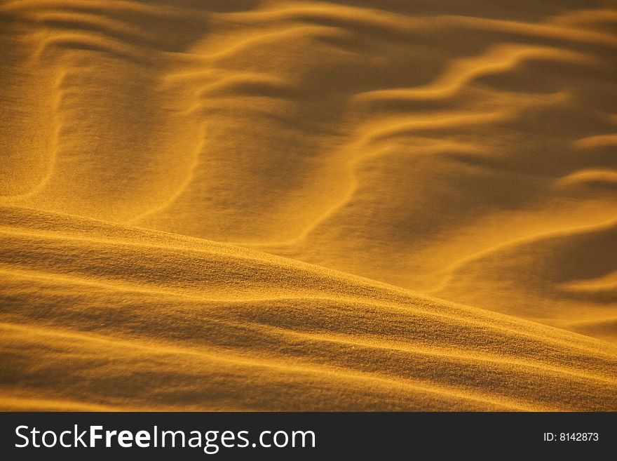 Desert sand pattern glows in evening sun. Desert sand pattern glows in evening sun