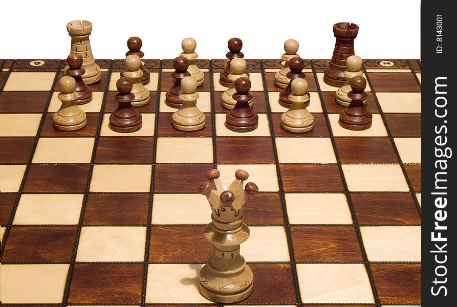 Chess king in front of pawn army