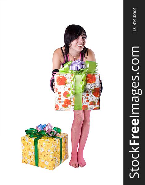 The young beautiful girl with a gift box on a white background. The young beautiful girl with a gift box on a white background