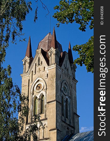 The old church on blue background