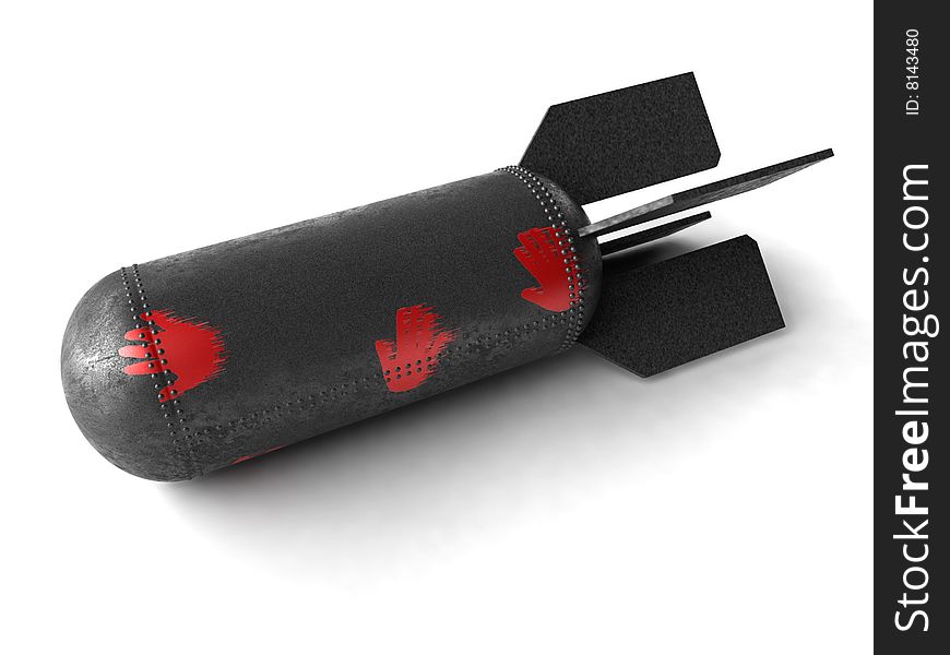 3D dark air bomb model with shadow laying on white background
