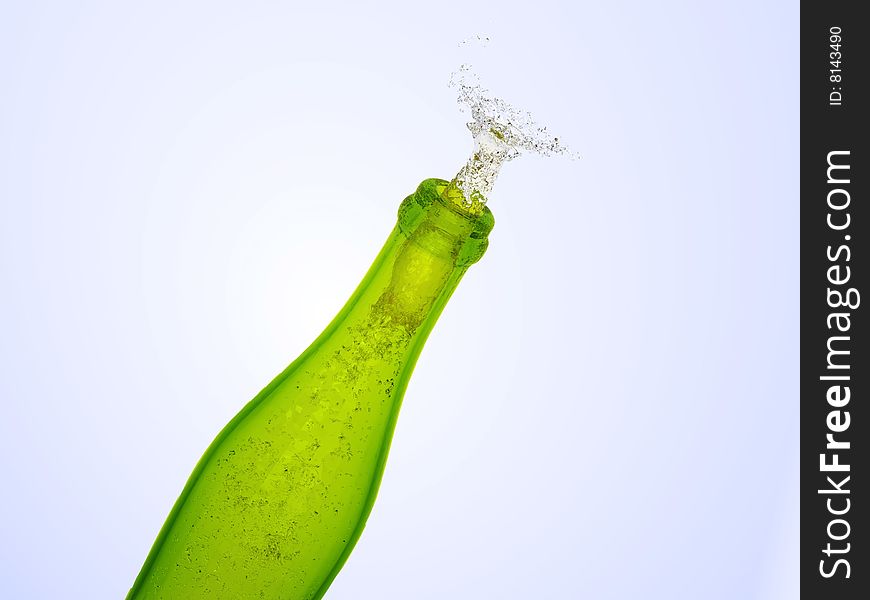 Green champagne bottle with splash of wine flying out of isolated on white. Green champagne bottle with splash of wine flying out of isolated on white