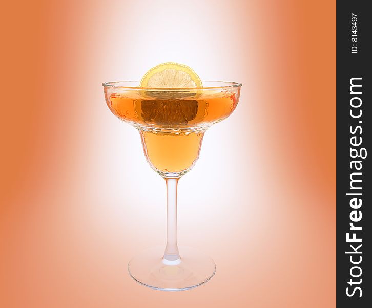 Shining transparent cocktail with slice of lemon decoration isolated on gradient background. Shining transparent cocktail with slice of lemon decoration isolated on gradient background